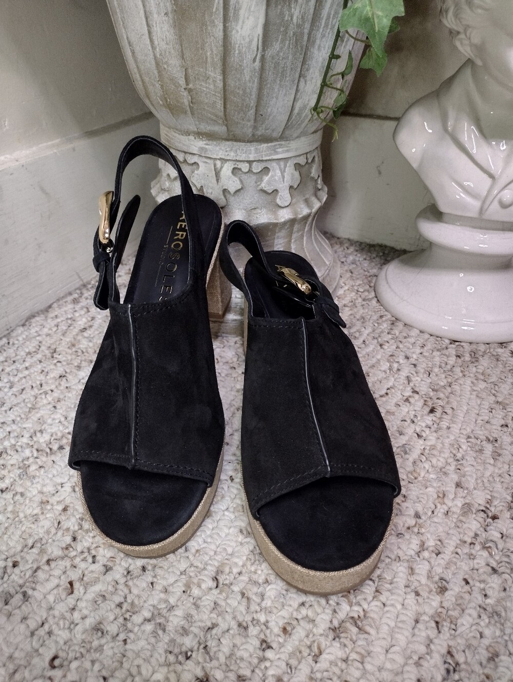 AEROSOLES Studio Zella Black Suede & Taupe Linen Platform Slingback Sandals - Picture 2 of 9
